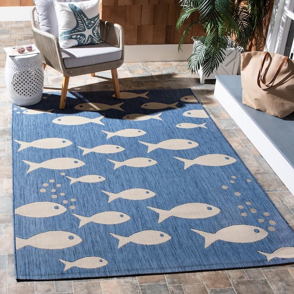 Courtyard Blue/Beige 5 ft. x 8 ft. Novelty Fish Indoor/Outdoor Patio  Area Rug