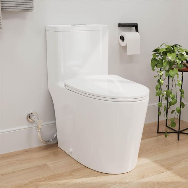 1-Piece 1.0 / 1.28 GPF Dual Flush High Efficiency Elongated ADA Height Toilet in Gloss White Soft-Close Seat Included