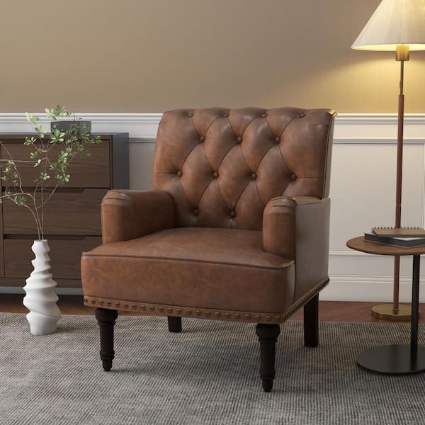 Empierre Brown Leather Club Chair & Ottoman Footstool Set w/ Nailhead  Accents - Modern - Living Room - Los Angeles - by GDFStudio