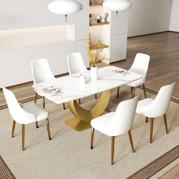 Magic Home 70.8 in. White Rectangle Round Edge Sintered Stone Top Pedestal Pandora Gold Metal Base Dining Table (Seats-8)