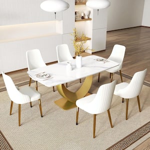 70.8 in. White Rectangle Round Edge Sintered Stone Top Pedestal Pandora Gold Metal Base Dining Table (Seats-8)