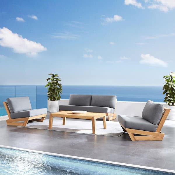 Yacht Gray 4-Piece Teak Wood Outdoor Dining Set with Gray Cushion