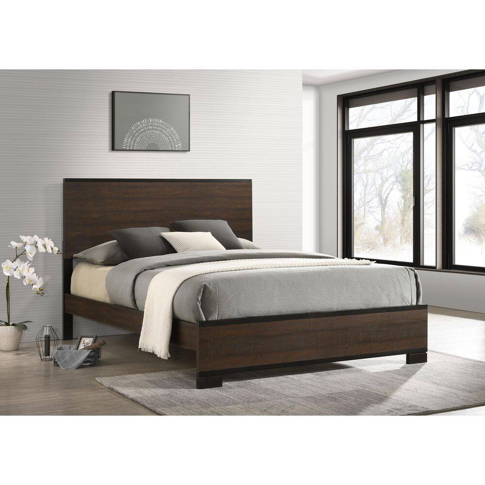 Rustic Tobacco King Wood Frame Bed with Tufted Upholstery