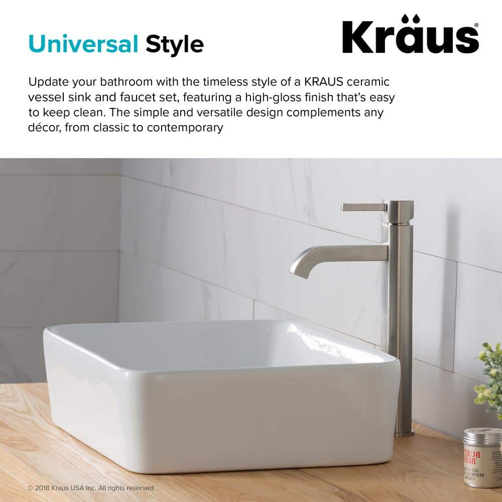 White Ceramic Rectangular Vessel Sink with Satin Nickel Faucet