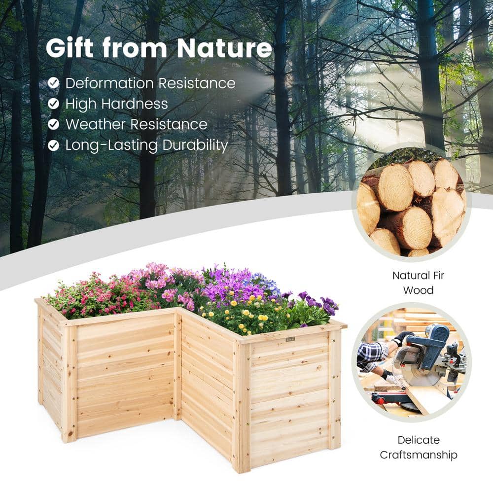Natural Fir Wood L-Shaped Raised Garden Bed for Patio