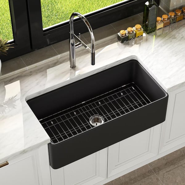 Kuomih Black Fireclay 36 in. Single Bowl Farmhouse Apron Kitchen Sink with Bottom Grid and Basket Strainer