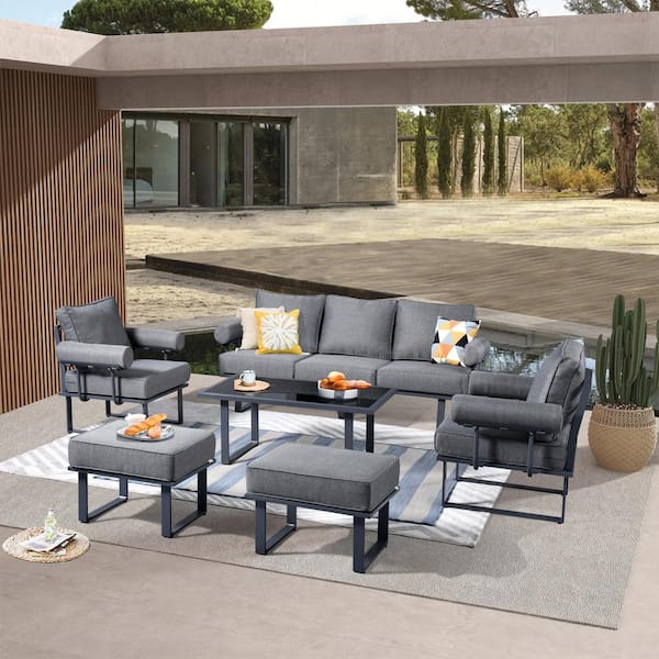 HOOOWOOO Teton Grand Gray 6-Piece Aluminum Outdoor Patio Conversation Sofa Set with Solid Gray Cushions