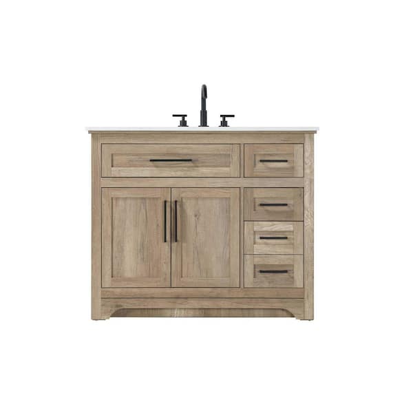 42 in. Single Sink Freestanding Natural Oak Bath Vanity with Marble White Engineered Marble Top