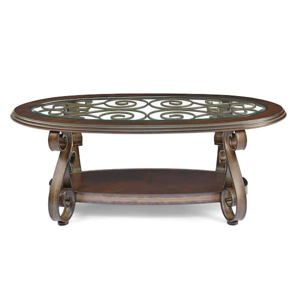 52.5 in. Dark Brown Oval Glass Top Coffee Table with Iron Legs