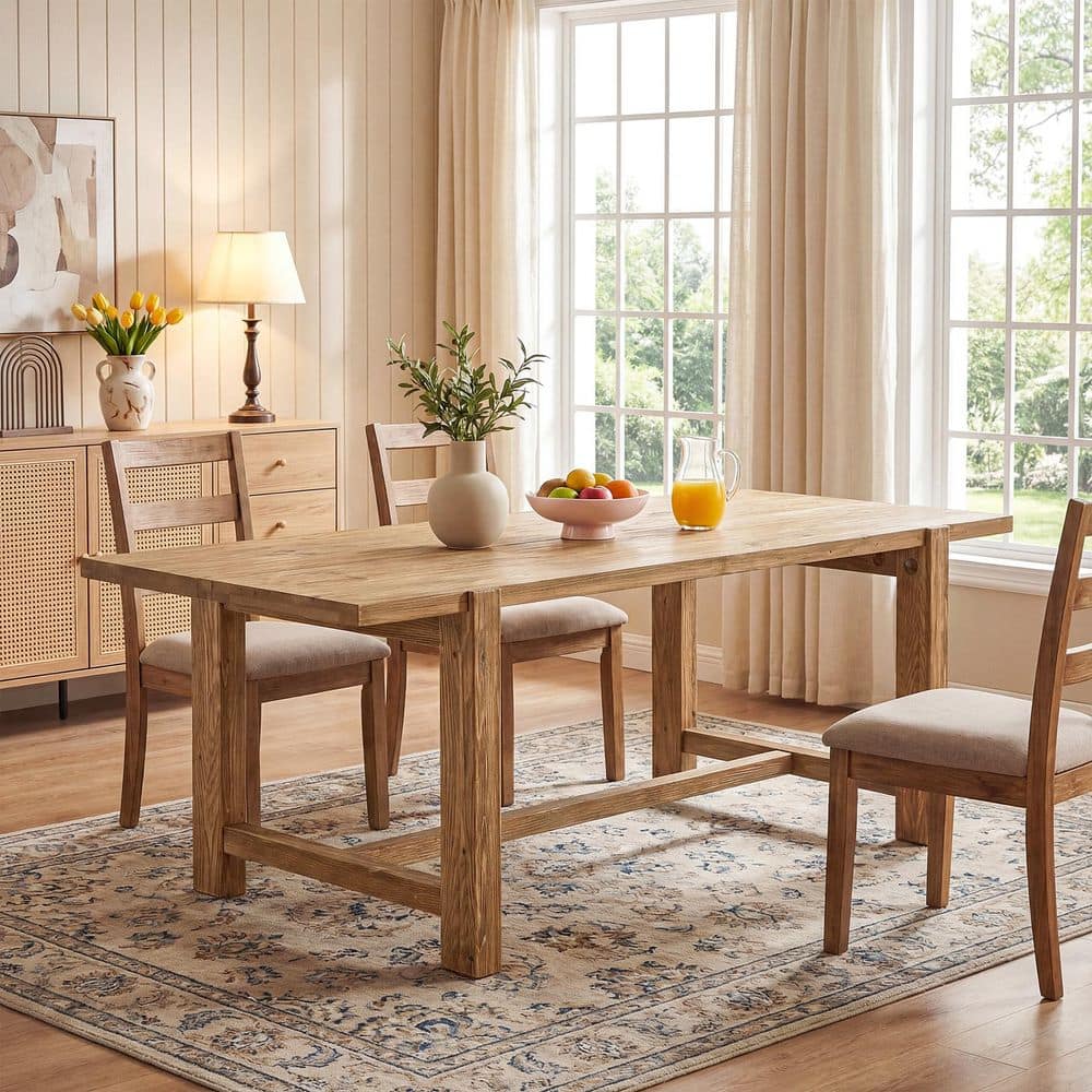 Roesler Brown Rectangular Solid Wood Farmhouse 63 in. Pedestal Base Dining Table Kitchen Table Dinner Table Seats 6