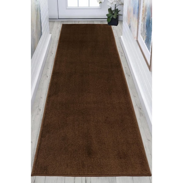 Euro Solid Brown 32 in. Width x Your Choice Length Custom Size Runner Rug