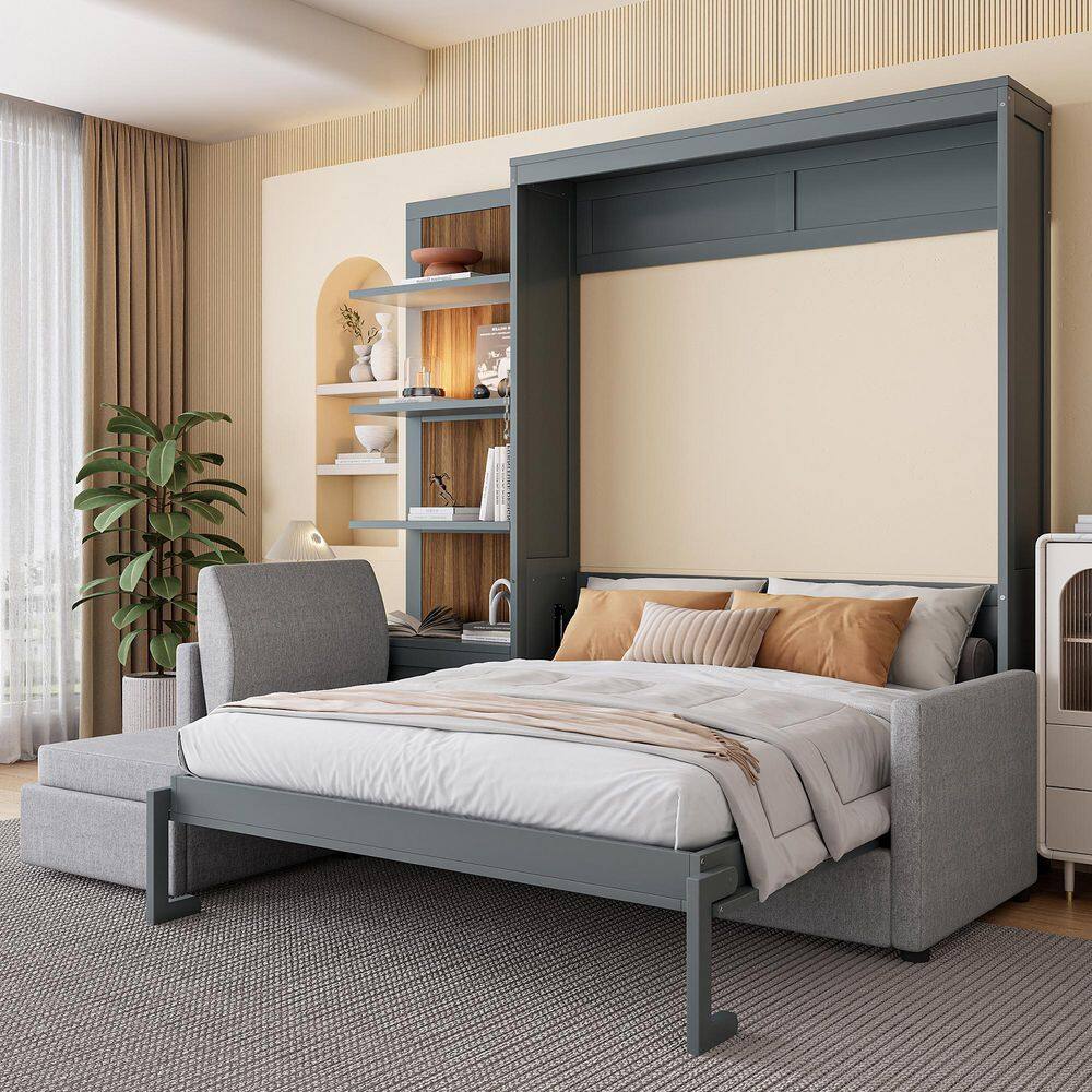 Gray Wood Frame Queen Size Murphy Bed Wall Bed with Sofa and Shelves - thumbnail 2