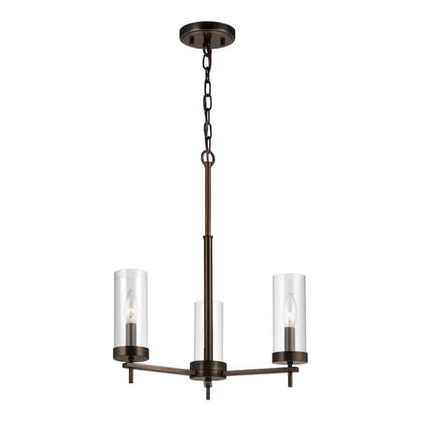 Generation Lighting Zire 3-Light Brushed Oil Rubbed Bronze Modern Minimalist Hanging Candlestick Chandelier with Clear Glass Shades