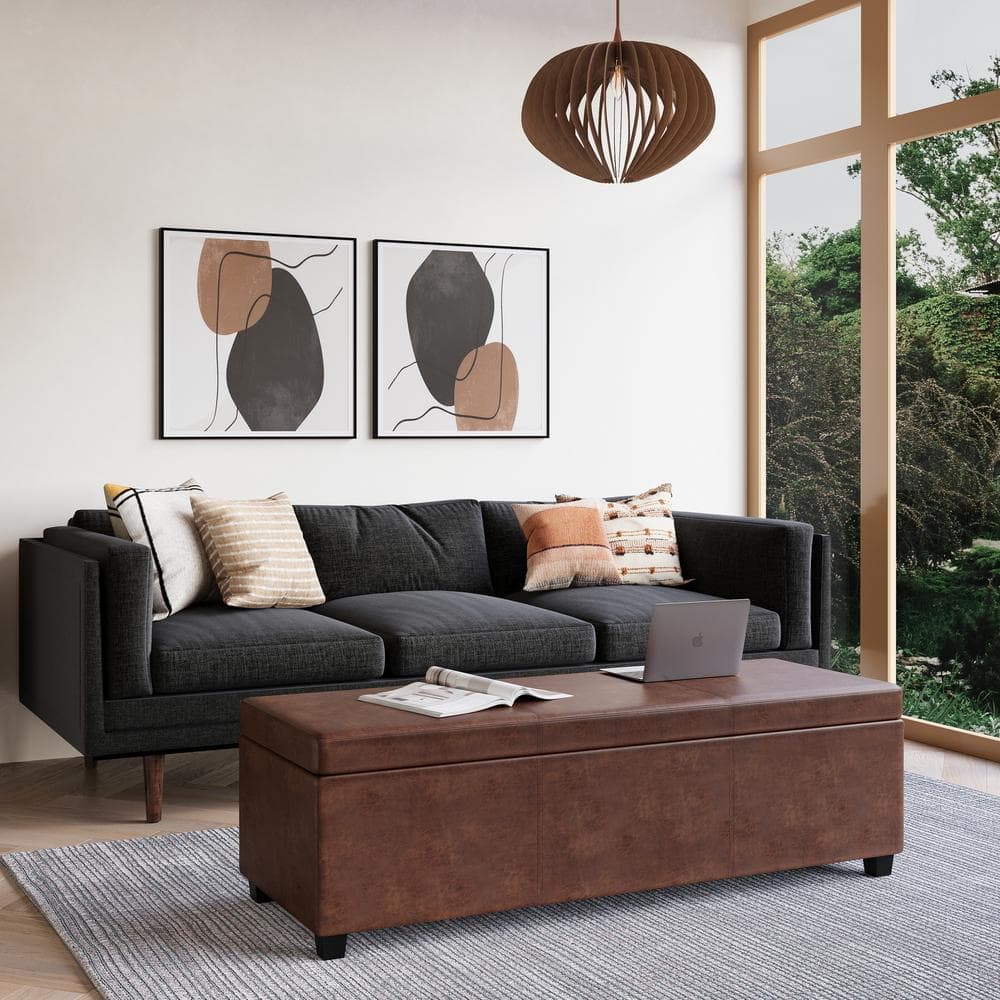 Distressed Saddle Brown Faux Leather Storage Ottoman Bench