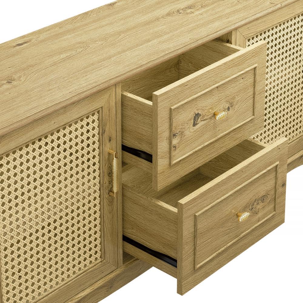 60" Beige Wood TV Stand with Cabinets and Drawers