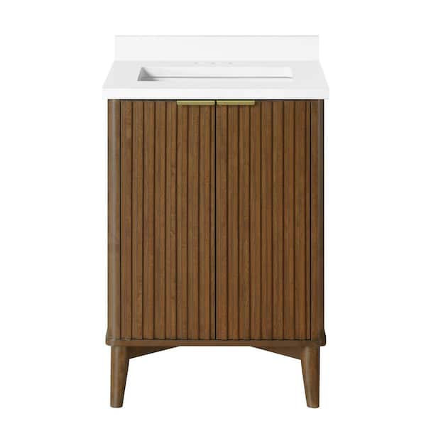 Gabi 24 in. Single Sink Freestanding Warm Walnut Bath Vanity with White Engineered Stone Top (Assembled)