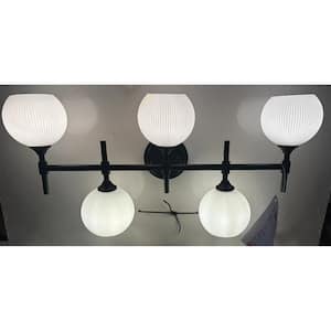 27.75 in. 5-Light Black Vanity Light with Opal Round Glass Shades