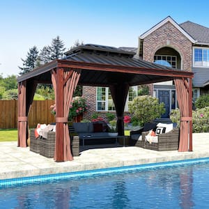 12 ft. x 10 ft. Wood Grain Aluminum Hardtop Gazebo Double Roof with Curtains and Netting