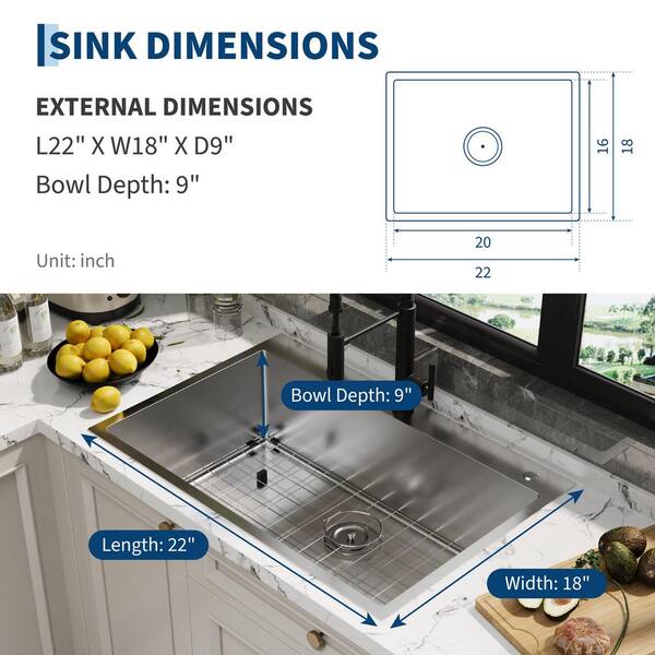 22 in. Undermount Single Bowl 16 Gauge Stainless Steel Kitchen