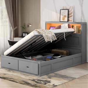 Gray Wood Frame Queen Platform Bed with Side-Tilt Hydraulic Storage, Storage LED Headboard, USB Charging, 2-Drawers