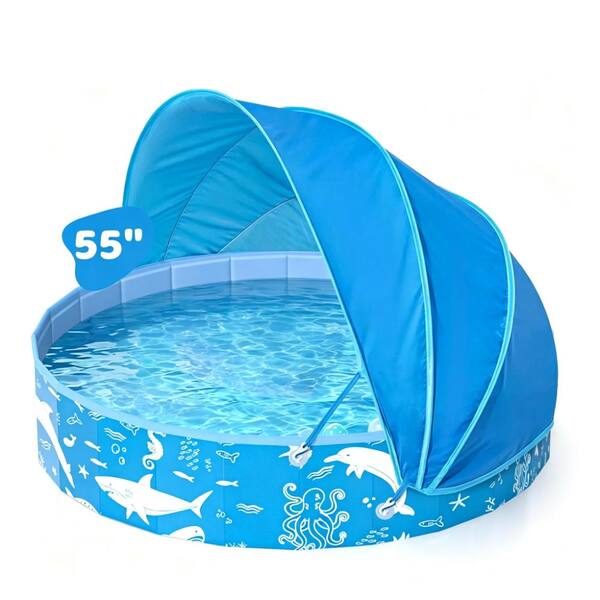 55" Foldable Kids Pool with UPF50+ Canopy, BPA-Free Thick PVC for Beach & Yard