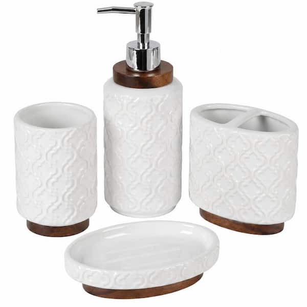 4-Piece Bathroom Countertop Accessory Set with Toothbrush Holder, Soap Dispenser, Soap Dish and Tumbler in White