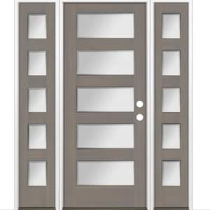 64 in. x 80 in. Modern Douglas Fir 5-Lite Left-Hand/Inswing Frosted Glass Grey Stain Wood Prehung Front Door w/ DSL