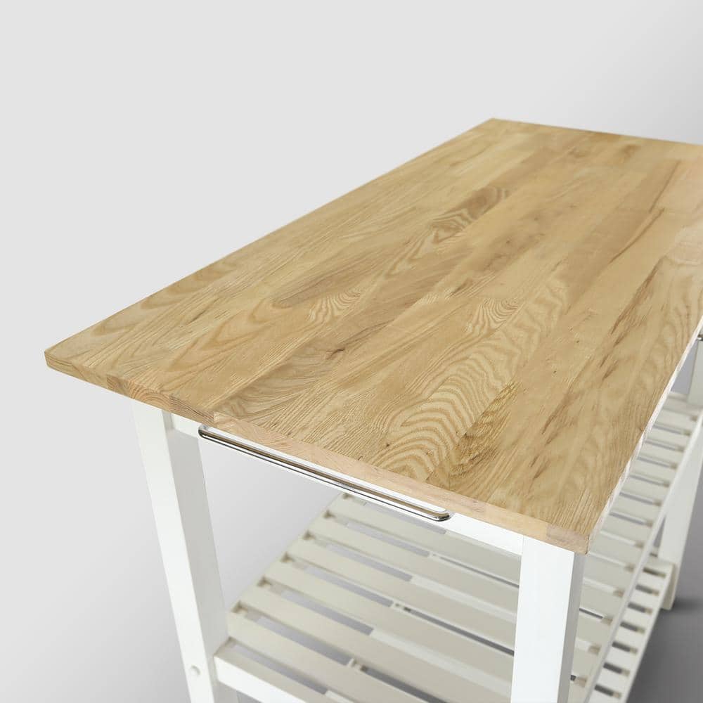 Sophisticated White Solid Wood Top Kitchen Island with Storage