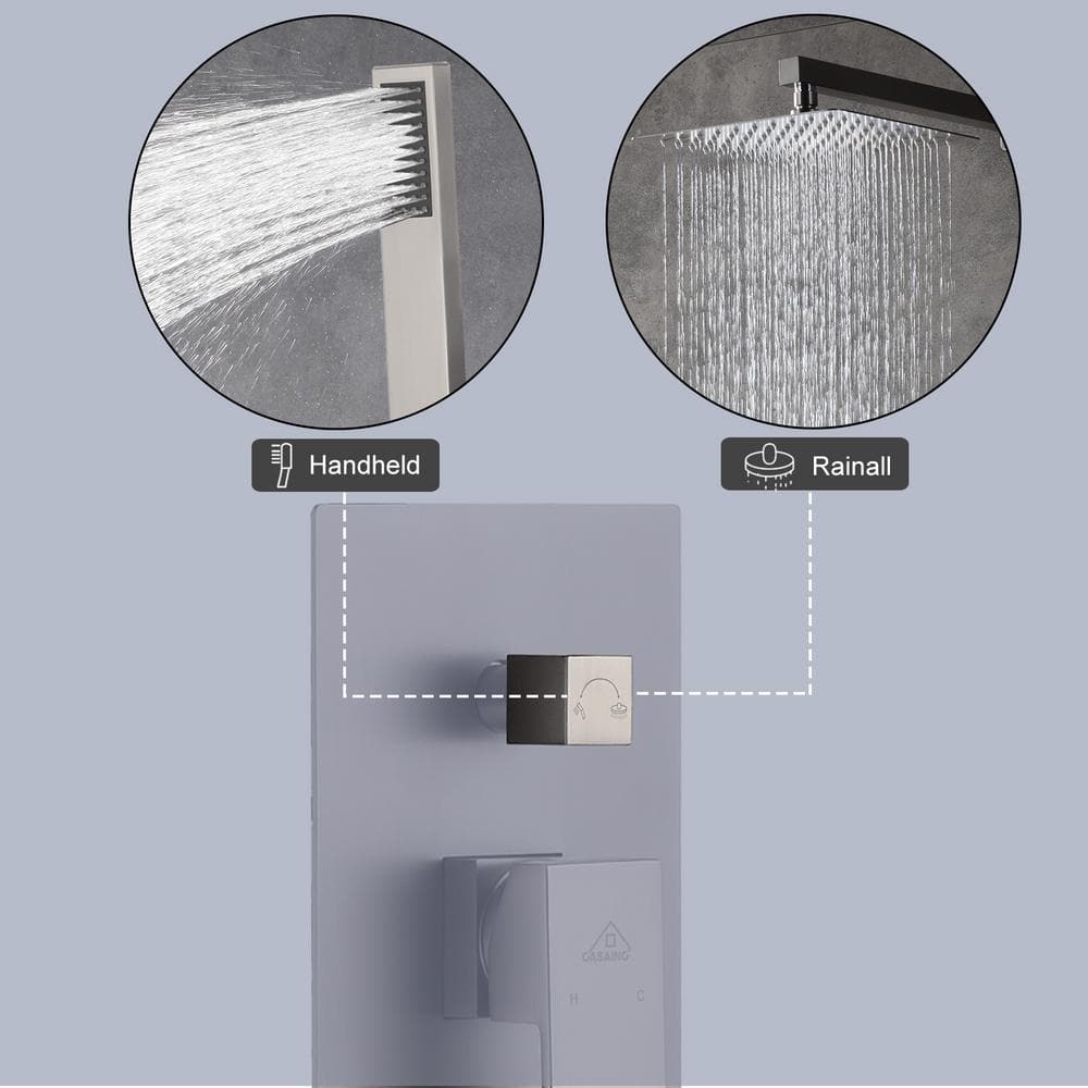 Large Brushed Nickel Dual Rain Shower System with Handheld