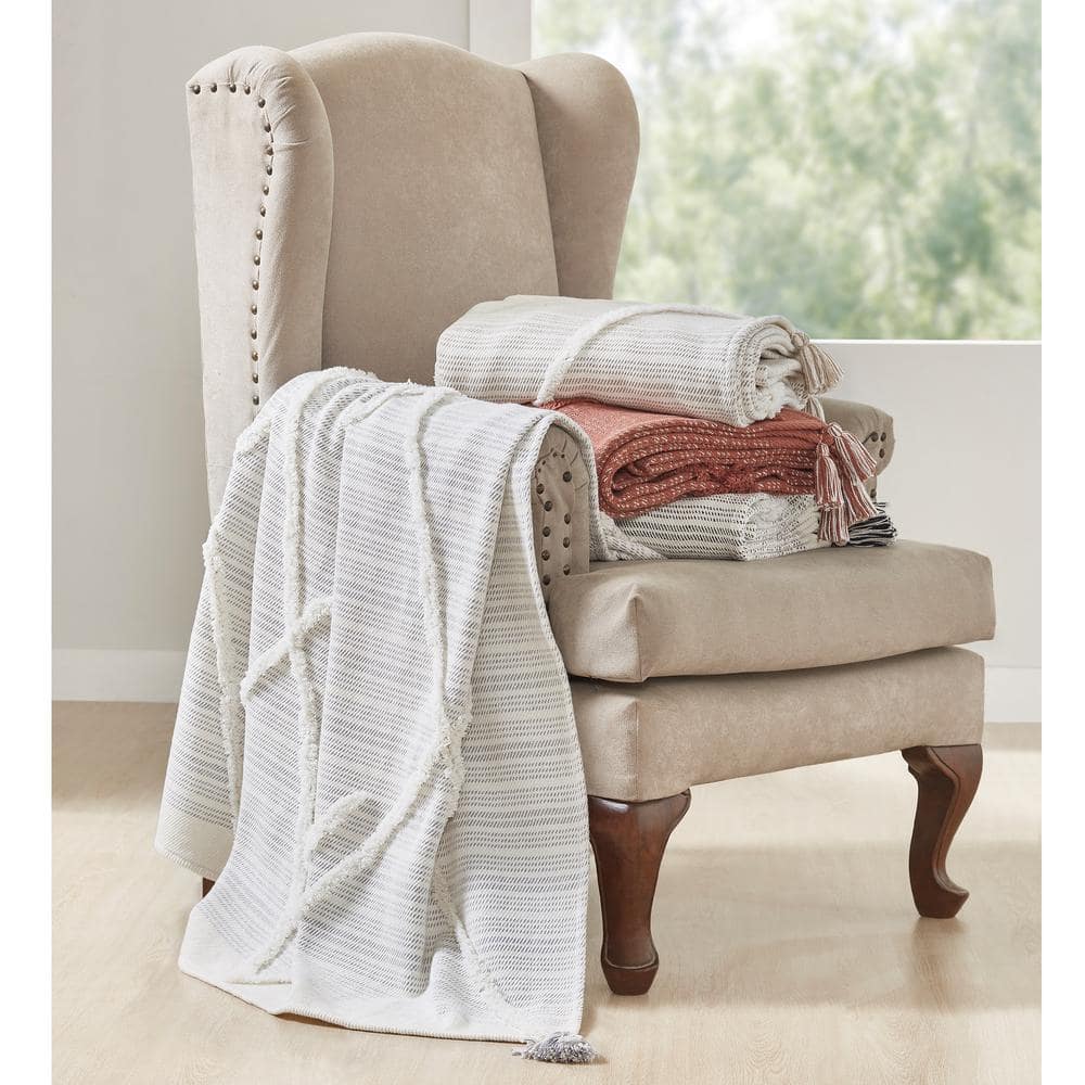Gray Knitted Cotton Reversible Throw Blanket with Tassels