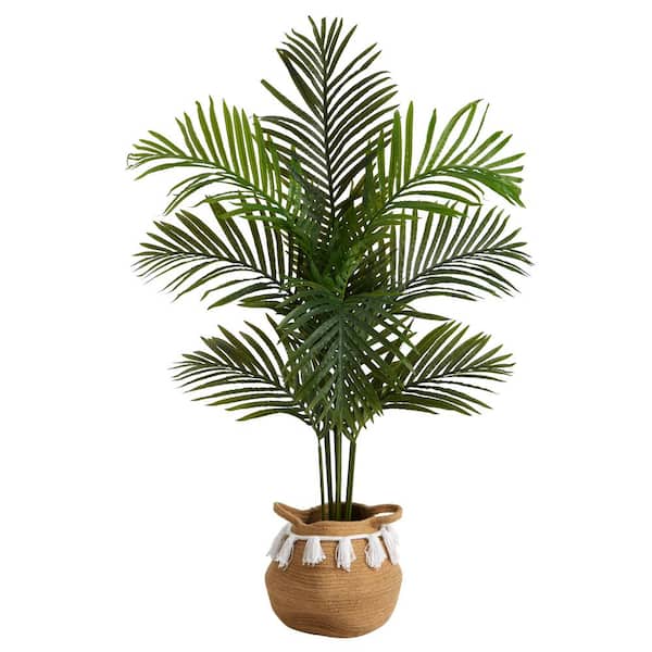 Nearly Natural 48 in. Green Artificial Paradise Palm Tree in Handmade Jute and Cotton Basket with Tassels