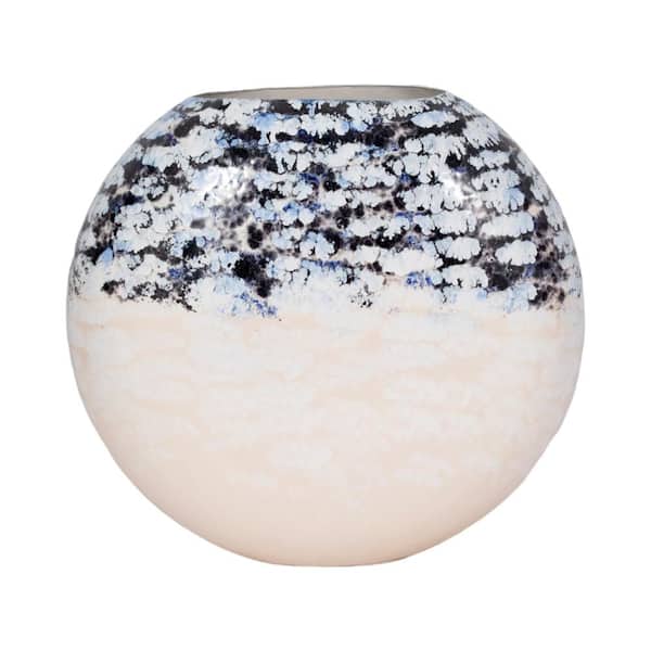 Liv & Skye 17 in. White/Blue Metal Round Arctic Finish Decorative Vase