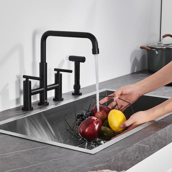 Double Handle 360 Degrees Rotation Bridge Kitchen Faucet with Pull-Out Side Sprayer and Ceramic Cartridge in Matte Black