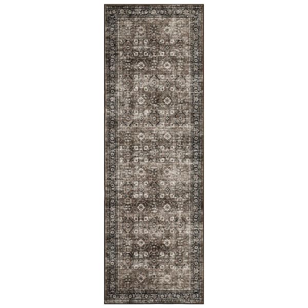 Traditional Floral Rug Low Pile Non Slip Thin Carpet Soft Foldable Indoor Carpet for Bedroom Office Brown，2X6ft