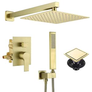 2-Spray 10 in. Shower Head Wall Mount Fixed and Handheld Shower Head 2.5 GPM in Brushed Gold, with Shower Floor Drain