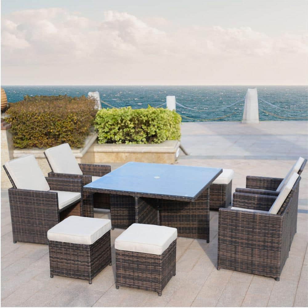 Penny Brown 9-Piece Wicker Outdoor Dining Set with Beige Cushion