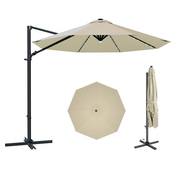 10 ft. x 10 ft. Market Cantilever Solar LED Patio Umbrella with 360° Rotation in Beige