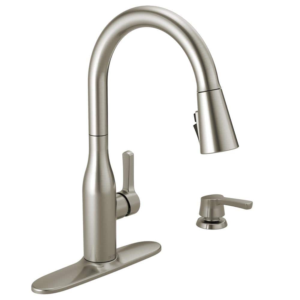 Delta Marca Single Handle Pull Down Sprayer Kitchen Faucet with ShieldSpray  Technology and Soap in SpotShield Stainless 20Z SPSD DST