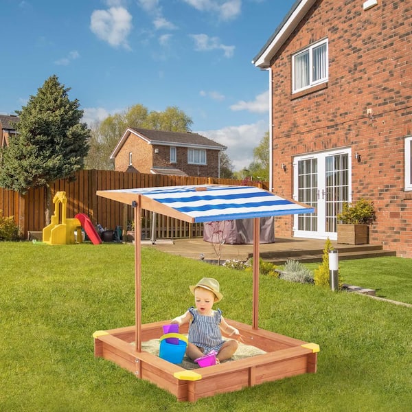 3.87 ft. W x 3.87 ft. L Wood Square Sandbox with Adjustable Canopy, Large Sandpit for Kids Outdoor Patio Backyard Play