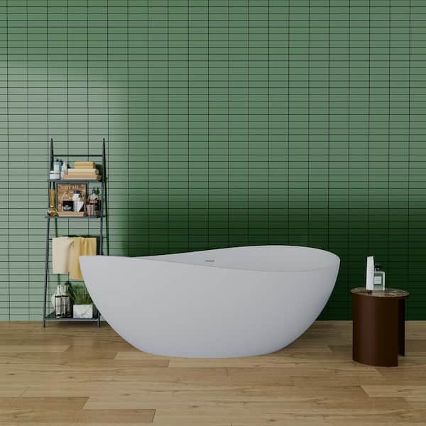 63 in. x 37.4 in. Polyresin Flatbottom Freestanding Soakingl Bathtub with Center Drain in White