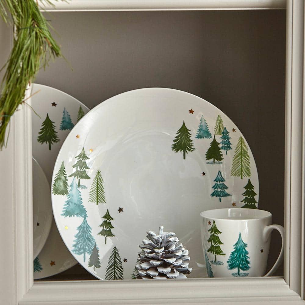 Balsam Lane Porcelain Dinner Plates with Gold Accents, Set of 4