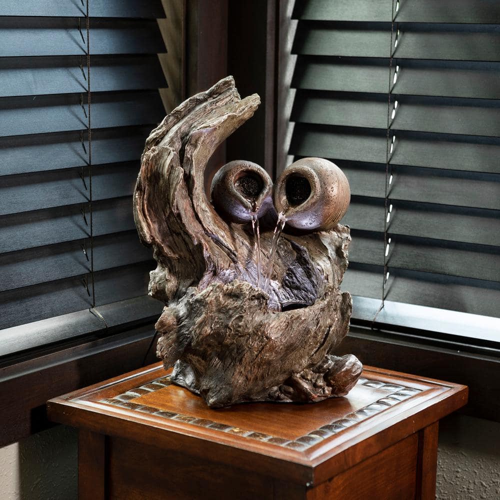 Rustic Brown Fiberglass Tabletop Fountain with LED Lights
