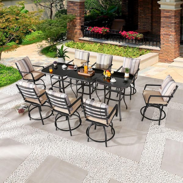 Patio Festival 11-Piece Metal Bar Height Outdoor Dining Set with Beige Cushions