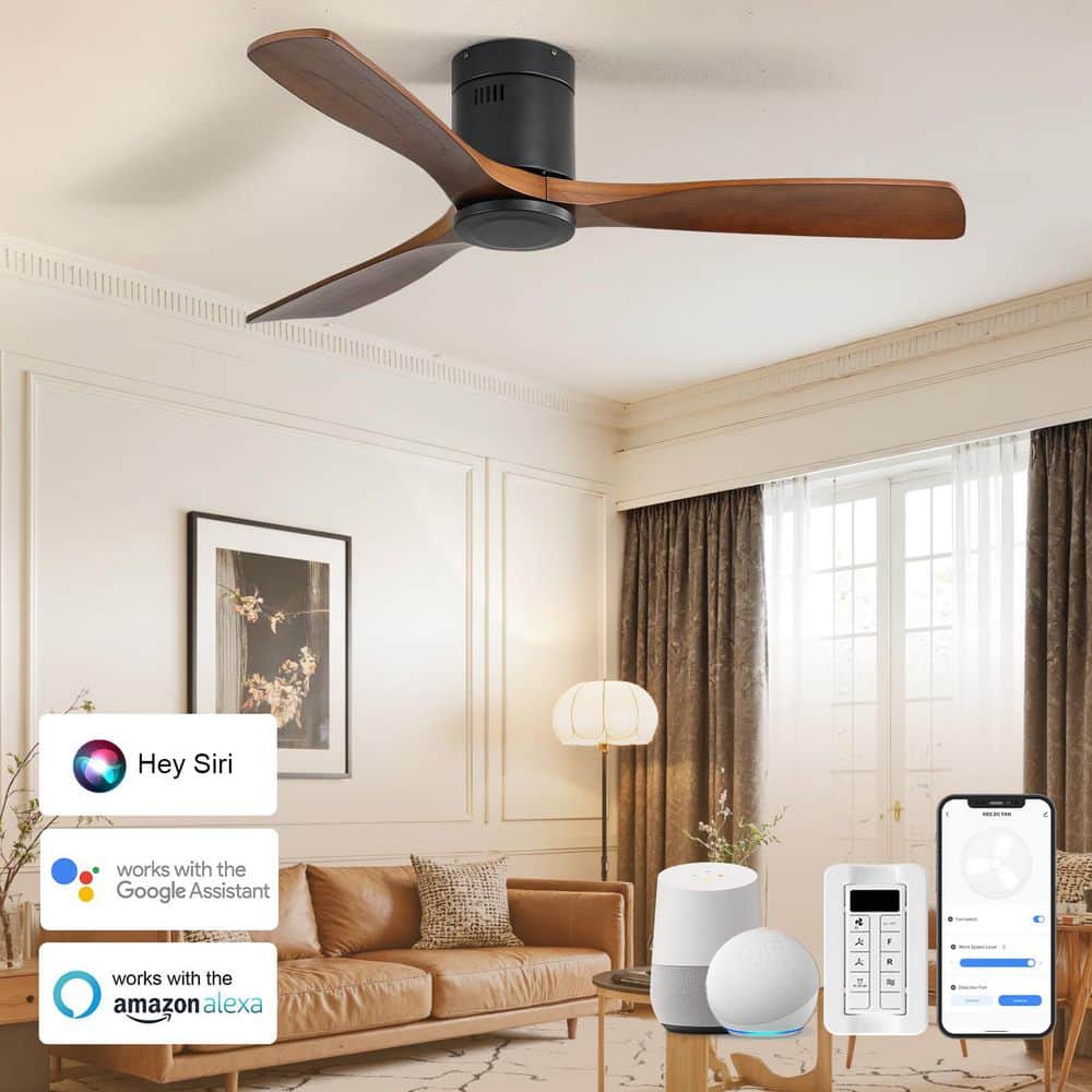 52 in. Smart Standard Indoor/Outdoor Wood Blades Black Flush Mount Ceiling Fan with Romote and App Control price history on PriceWatchPro
