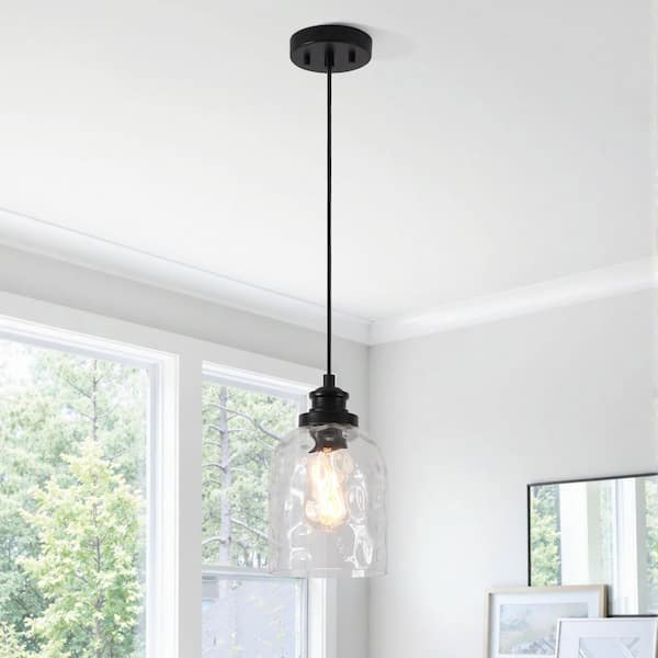 1-Light Black Mini Island Pendant Light with Textured Glass Shade