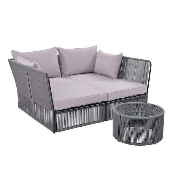 Runesay Metal Steel Outdoor Patio Day Bed Sofabed Rope Backrest with Gray Washable Cushions and Clear Tempered Glass Table