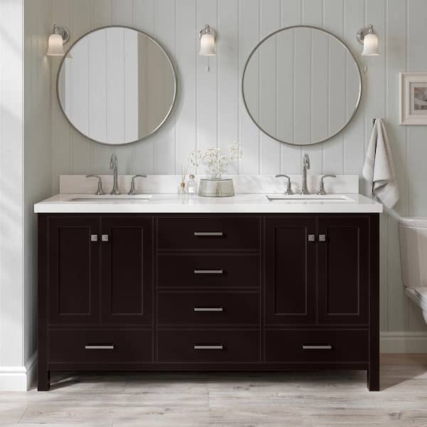 Cambridge 66 in. Double Sink Freestanding Bathroom Vanity in Espresso with Pure White Quartz Top