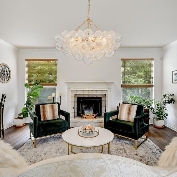 15 Light Brushed Gold Modern Bubble Ball Grape Cluster Chandelier Globe Hanging Ceiling Light Fixture With Hammer Glass