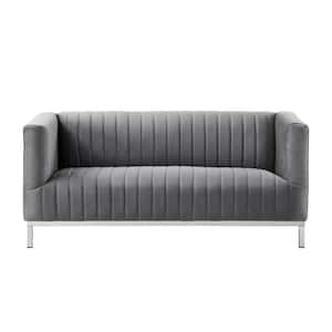 Daniel 32.7 in. Grey/Chrome Velvet 2-Seater Tuxedo Sofa with Nailheads
