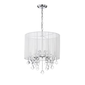 Belle 6-Light Chrome Glam Chandelier with White Threaded Drum Shade and Clear Glass Hanging Crystals